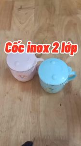 Cốc uống nước Inox 2 lớp có quai cầm Kichi cho bé Có lớp cách nhiệt Tay Cầm Nắp Đậy Tiện Dụng ly nước inox 316