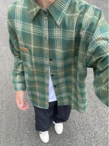 OUMULONG | Matcha Green Plaid Summer American Retro Style Sunscreen Shirt Long Sleeve Clean Fit