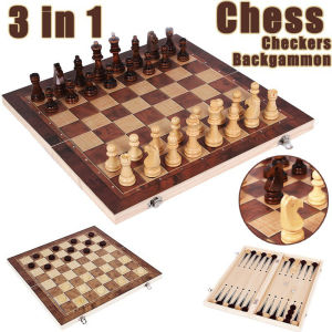 3 in 1 Chess Game Board Folding Storage Wooden Exquisite Chess Set Chess and Checkers Game Set Travel Chess Sets