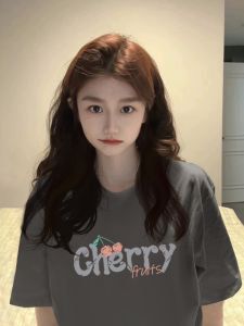 Áo Thun Nữ Tay Ngắn in Họa Tiết Cổ Tròn Mùa Hè 2024 Màu Xám Đa Năng Thiết Kế Thanh Lịch Thường Ngày Bằng Cotton