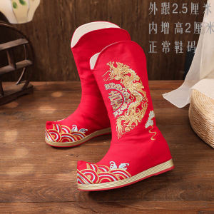 รองเท้าแต่งงานสไตล์จีนย้อนยุคสำหรับผู้ชาย ส้นสูง รองเท้าบู๊ตสไตล์มวยกันชาติ รองเท้าแต่งงานแบบสวม ส้นกลาง ผ้าฝ้าย ระบายอากาศได้ดี