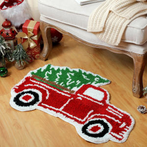 VIKAMA Christmas Red Truck Tree Irregular Rug Soft Washable Floor Mat for Living Room Indoor Xmas Home Decoration