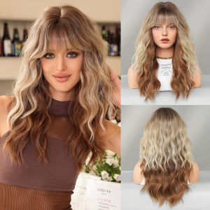 Long Hair Curl Wig for Women Highlighted Brown High Temperature Silk Material Natural Looking Loose Style Daily Use
