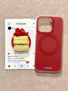 Magnetic Strawberries Design Phone Case Stand Beautiful Red Background Compatible with  13P 14Pro 15 16Promax Silicone Protective Shell