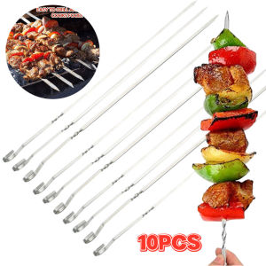 10PCS Kabob Skewers Flat Metal BBQ Barbecue Skewer 15" Long Stainless Steel Sticks Wide Reusable Grilling Skewers Set