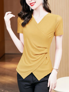 Irregular Mesh Base Short Sleeve V-Neck Slim Fit T-Shirt Womens Fashionable Summer Top Asymmetric Commute Style Regular Thickness