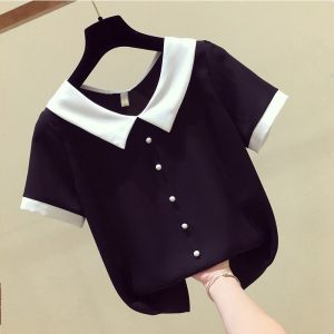 Outlets Genuine Womens Clothing New Chiffon Shirt Womens Short Sleeve Summer Wide Songyang Temperament Shirt Col Claudine Top