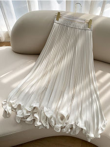 White Petal A-Line Midi Skirt Elegant Gauze Womens 2024 Autumn Winter New Style Slimming Silk Half-length Skirt