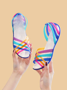 รองเท้าแตะพลาสติกลายครีมสีสันสดใสสำหรับฤดูร้อน พื้นแบน รองเท้าแตะแบบเปิดหัว กันลื่น รองเท้าแตะชายหาดแบบใสคริสตัลสำหรับผู้หญิง