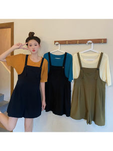 plus Size Womens Simple Solid Color Knitted Short Sleeve T-Shirt Wide Leg Overalls Summer Slimming Meat Covering Set