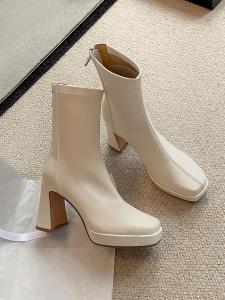 Pear Small Seven ~ White High-Heeled Short Boots Female Thick Heel Thin Boots Small Height Increased Authentic Leather Square Toe Elastic Boots