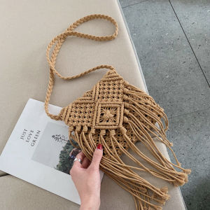 Bohemian Tassel Grass Woven Bag Single Shoulder Slant Cross Beach Vacation Beach Sand New Style Functional Small Bag Mobile Phone Bag
