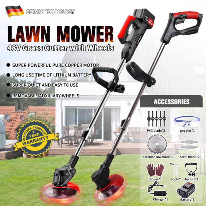 Fresh Fab Finds 12V 200W Cordless Grass Trimmer Rechargeable Lawn Mower 9000M/Min Weed Cutter with Saw Blade 2 Stainless Steel Blades 10 Plastic Blades 2 Rechargeable