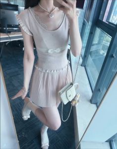 Cramywet ชุดเสื้อสเวตเตอร์ถักแขนสั้นผู้หญิง ผ้าขนสัตว์บาง กลิ่นหอม ปมผีเสื้อ ขอบลูกไม้ หวาน สไตล์ฤดูร้อน 2025