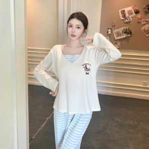 Womens Striped Sleepwear Long Sleeve Modal Cotton Home Clothes Cute Sausage Dog Pattern with Chest Pad Comfortable Spring Autumn