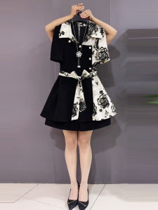 plus Size Womens Commuter Shirt And Shorts Set Floral Print Stand Collar High Waist A-Line Skirt Casual Cotton Polyester