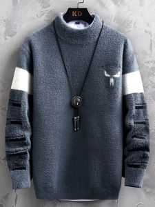 ROMON | Lormen Mens Thickened Loose Knitted Sweater Half High Collar Winter Fashion Warm Mink Velvet Casual Long Sleeve Knitwear