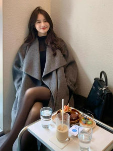 Double-Sided Woolen Long Coat for Women Black Loose Fit Korean Style Hepburn Style Half Open Collar Button Pocket Pure Color