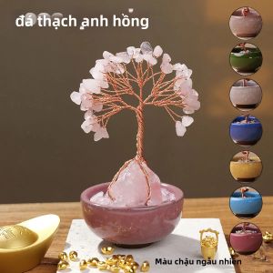 1 Cây Trang Trí May Mắn Bằng Pha Lê Tự Nhiên Với Đá Thạch Anh Hồng & Đế Lát Mảnh Mã Não Phong Thủy Trang Trí Nhà Cửa Cây Tiền Tài Với Thiết Kế Dây Đồng Quấn