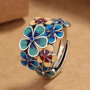 Retro Ethnic Style Flower-like Ring for Womens Glue-drop Craftsmanship Opening Niche Design Jewelry and Accessories