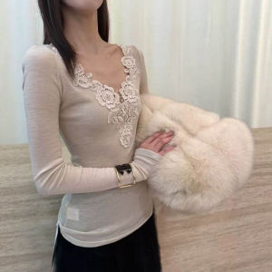 DUOFEIYAN | Lace Design V-Neck Long Sleeve T-Shirt