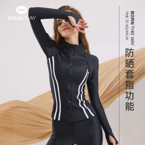 AquaPlay Womens Swimsuit Phantom Black Waist High Collar Zipper Jacket Rashguards Large Diving Speed Dry