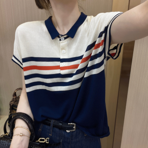 [40.00 Kg-100.00 kg] Lapel Contrast Color Ice Silk Short Sleeve Womens Stripes Button Polo Shirt Anti-Aging Top Slim Looking T-shirt
