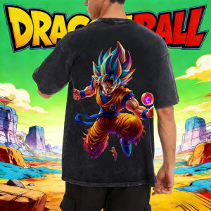 Bandai | Dragon Ball Sun Wukong Colorful Form Retro Washed T-Shirt Fitness Sports T-Shirt Street Style Summer Mens and Womens Tops