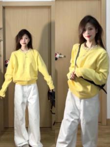 Miu Neckline Diamond-Embedded Yellow Soft Glutinous Pullover Knitwear Tops Female Autumn Stylish Loose-Fitting Comfortable Sweater Winter