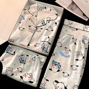 Cute Pacha Pajamas for Women Summer Cotton Short Sleeve Pants Summer New Arrival Cardigan Homewear Three-Piece Suit