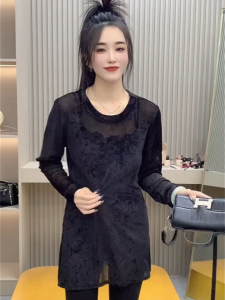 European Goods Hot Rhinestone Shiny Split Mid Length Long Length Long Sleeves T-shirt Autumn New Arrival Western Style Slim Fit Slimming Thin