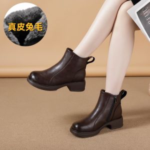Leather Short Boots Womens Fleece-lined 2024 New British Style Vintage Leather Boots Heattech Fashion Cotton Shoes Full Cowhide Womens Boots Winter
