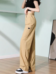 FIGHT FISH | Khaki Wide Leg Workwear Pants Womens Summer Thin Vibe Casual Loose Straight Sport Long Trousers High Waist Pocket Detail