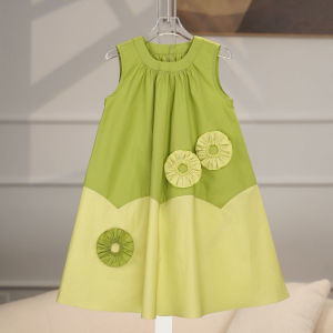 ชุดเดรสแขนกุดสำหรับเด็กอายุ2-7ปีชุดเดรสแบบลำลองสำหรับเด็กผู้หญิงลายดอกไม้แบบเย็บติดเสื้อแขนกุดเด็กหมีผู้นำเสื้อผ้าเด็กฤดูร้อน