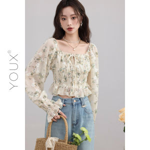 Áo Ngắn Hoa Cổ Vuông Retro