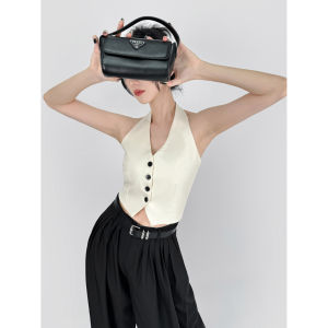 Classic Style Black V-neck Halterneck Suit Vest Vest Womens Summer Stylish Niche Style Open Back Sleeveless Tops