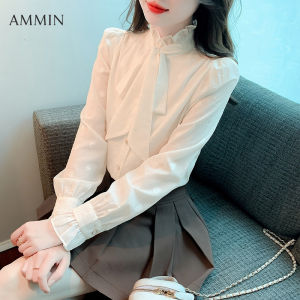 AMMIN เสื้อลูกไม้แขนคอตั้งใหม่สำหรับฤดูใบไม้ร่วงเสื้อชีฟองแอปริคอทสำหรับผู้หญิงแฟชั่นสไตล์เกาหลีลำลองผู้ไปทำงานโบว์แขนยาวปัก Atasan Sifon 2023ฤดูใบไม้ร่วง