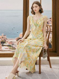 FAMANXUAN | Oil Painting Effect Gradient Print French Vacation Style Long Dress