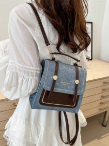 Fashionable Denim Mini Backpack Womens Crossbody Bag Short Trip Travel Bag Dual Shoulder Strap Soft Canvas Pure Color Design