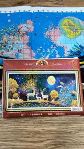 (tranh chưa thêu) Tranh thêu kín Hươu Tuần Lộc nở đầy hoa may mắn hoa Sen 100x55 cm