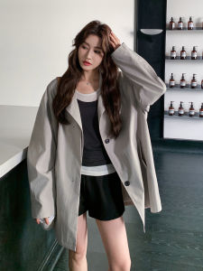 Gray White Korean Style Fashionable Elegant Womens Windbreaker 2025 Autumn New Mid-Length Casual Outerwear Simple Design