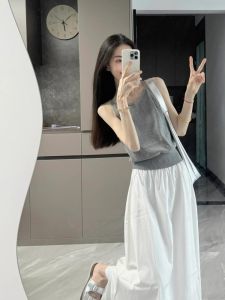 Áo Ba Lỗ Ngắn Màu Xám Mùa Hè Cho Nữ Áo Khoác Ngoài Mát Mẻ Phong Cách Mỹ Độc Đáo Đẹp Áo Ngắn Chất Liệu Khác