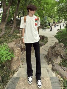 Black American Retro High Street Straight Leg Jeans Men Summer New Style Slimming Advanced Feel Micro Flare Pants