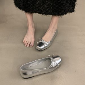 IELGY 2024 French Style Gentle Silver Bow Flat Moccasins Womens Flat