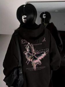 เสื้อสเวตเตอร์มีฮู้ดพิมพ์ลายผีเสื้อแบบหนาสำหรับฤดูใบไม้ร่วงและฤดูหนาวสำหรับผู้ชายและผู้หญิง ทรงหลวม แขนยาว ปกติ