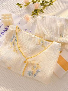 Cotton Gauze Pajamas Womens Belt Chest Pad Spring and Autumn Home Wear Pure Cotton Long sleeve Double-layer Cotton Yarn Sweet Summer Can Be Worn outside