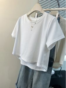 เสื้อยืดแขนสั้นผู้หญิงสไตล์เกาหลีหลวมๆ ทรงสั้น ดีไซน์ไม่สมมาตร ทรงเข้ารูป เส้นใยโพลีเอสเตอร์ คอตตอน ยืดหยุ่นได้