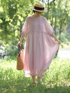 Weiyang Forest Sweet Fairy Lace Linen Long Dress Loose High Waist Short Sleeve Summer Style Light Weight A-Line Dress