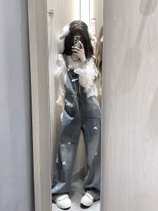 กางเกงยีนส์ทรงเดนิมทรงหลวมสไตล์อเมริกันสำหรับผู้หญิง ฤดูใบไม้ผลิ 2025 กางเกงขายาวทรงหลวมสไตล์วินเทจพร้อมโบว์ผูก