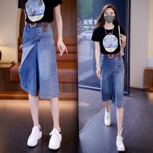 Summer 2025 High Waist Loose Wide Leg Five-Quarter Thin Denim Jeans Casual Style Zipper Closure Ladies Casual High Waist Jeans